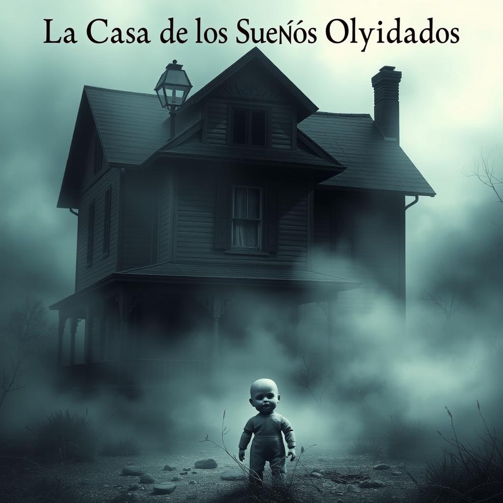 A haunting poster featuring a spooky house shrouded in mist, with a faceless doll placed ominously in the foreground