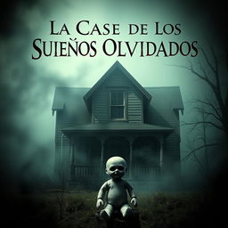 A haunting poster featuring a spooky house shrouded in mist, with a faceless doll placed ominously in the foreground