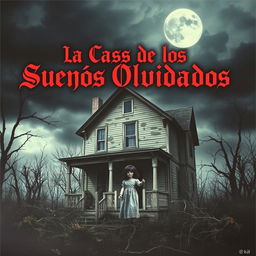A hauntingly beautiful poster featuring a spooky, dilapidated house set against a dark, ominous sky