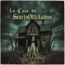 A hauntingly beautiful poster featuring a spooky, dilapidated house set against a dark, ominous sky