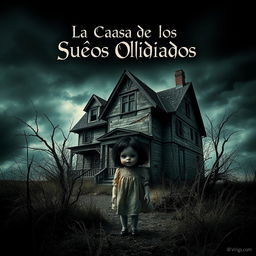 A hauntingly beautiful poster featuring a spooky, dilapidated house set against a dark, ominous sky