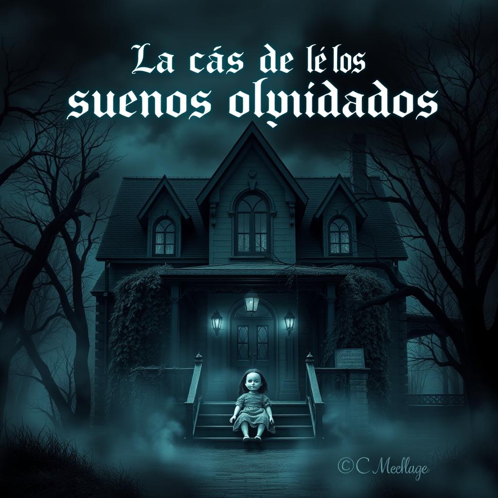 A spooky and mysterious scene featuring a hauntingly beautiful house surrounded by mist and eerie trees, with a faceless doll sitting ominously on the front porch