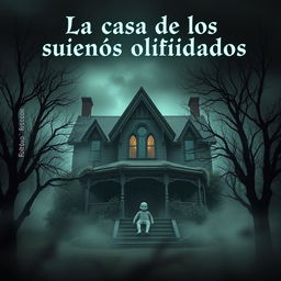 A spooky and mysterious scene featuring a hauntingly beautiful house surrounded by mist and eerie trees, with a faceless doll sitting ominously on the front porch