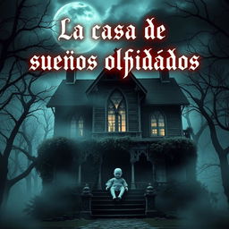 A spooky and mysterious scene featuring a hauntingly beautiful house surrounded by mist and eerie trees, with a faceless doll sitting ominously on the front porch