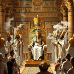 A detailed representation of the coronation ceremony of Ramses II, featuring Egyptian priests performing traditional rituals