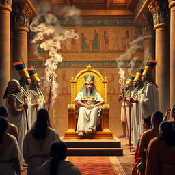 A detailed representation of the coronation ceremony of Ramses II, featuring Egyptian priests performing traditional rituals