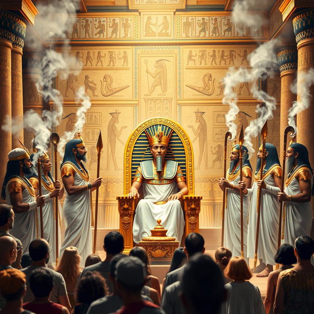 A detailed representation of the coronation ceremony of Ramses II, featuring Egyptian priests performing traditional rituals