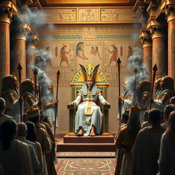 A detailed representation of the coronation ceremony of Ramses II, featuring Egyptian priests performing traditional rituals