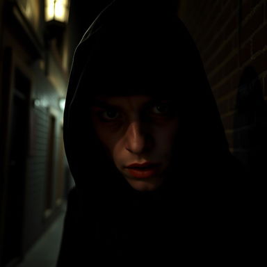 A creepy and odd thief shrouded in a dark black hood, with a young appearance and a distinctive crooked nose