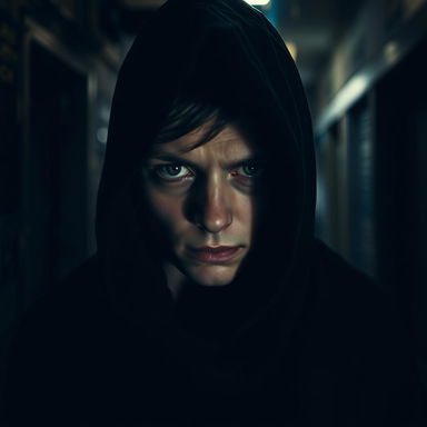 A creepy and odd thief shrouded in a dark black hood, with a young appearance and a distinctive crooked nose