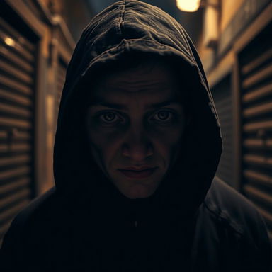 A creepy and odd thief shrouded in a dark black hood, with a young appearance and a distinctive crooked nose