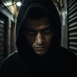 A creepy and odd thief shrouded in a dark black hood, with a young appearance and a distinctive crooked nose