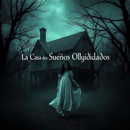 A haunting and eerie scene featuring an old, dilapidated house surrounded by dark, ominous trees