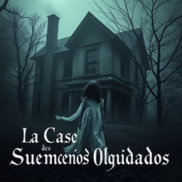 A haunting and eerie scene featuring an old, dilapidated house surrounded by dark, ominous trees