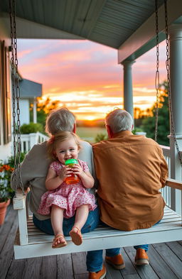A heartwarming scene of an elderly man and a young child sitting together on a charming porch swing, enjoying a breathtaking sunset