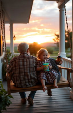 A heartwarming scene of an elderly man and a young child sitting together on a charming porch swing, enjoying a breathtaking sunset