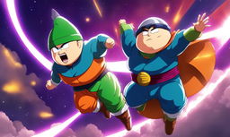 Anime-style portrait of Eric Cartman in Dragonball Super attire, striking a Ginyu Force pose while flying through the sky of Namek with enhanced muscular structure and energy waves radiating from him