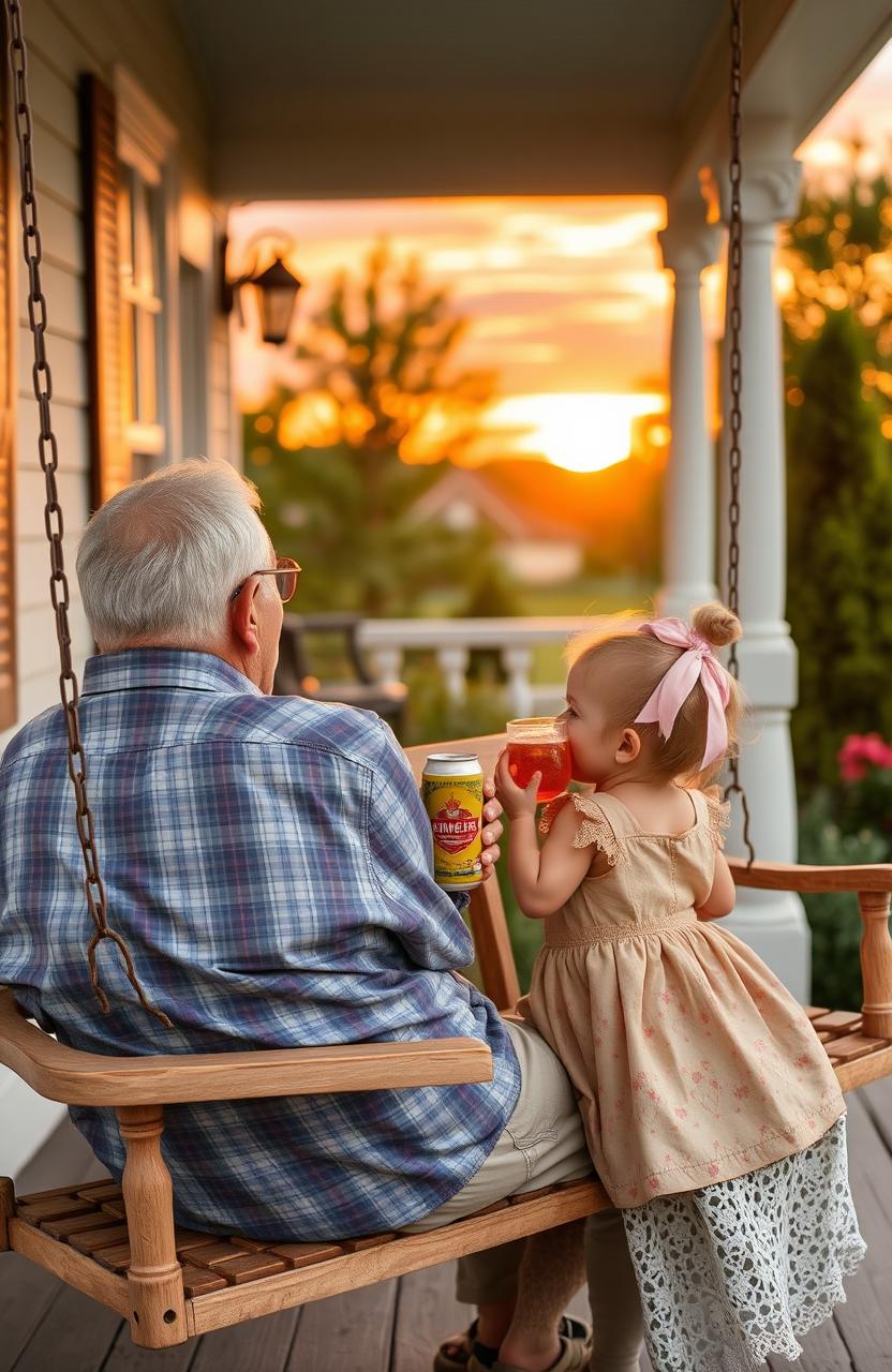 A heartwarming scene of an elderly man and a young child sitting together on a charming porch swing, enjoying a breathtaking sunset