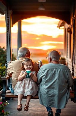 A heartwarming scene of an elderly man and a young child sitting together on a charming porch swing, enjoying a breathtaking sunset