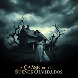 A realistic and eerie poster featuring a spooky house under a dark, cloudy sky, surrounded by twisted trees and overgrown vegetation