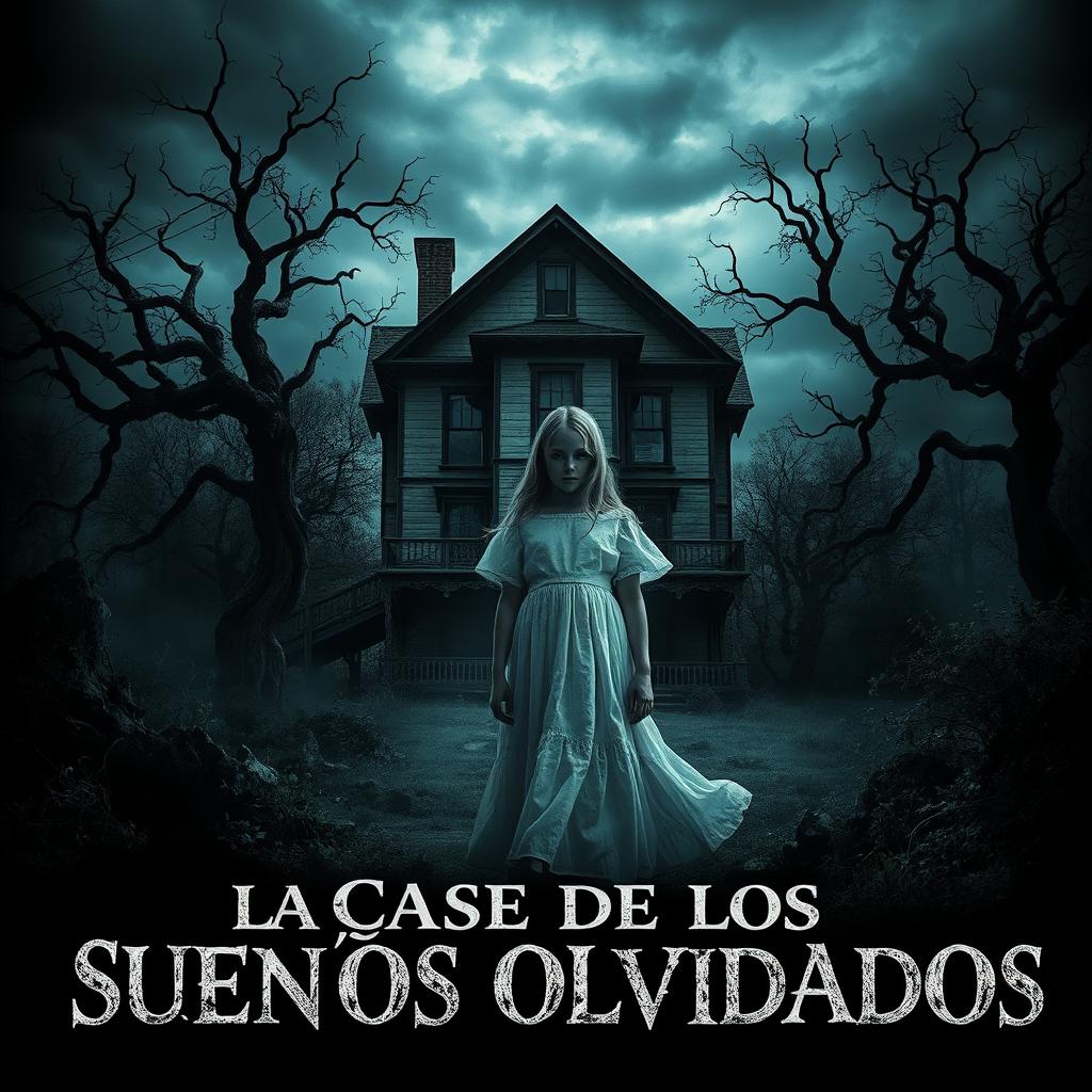 A realistic and eerie poster featuring a spooky house under a dark, cloudy sky, surrounded by twisted trees and overgrown vegetation