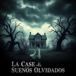 A realistic and eerie poster featuring a spooky house under a dark, cloudy sky, surrounded by twisted trees and overgrown vegetation