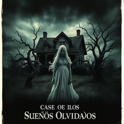 A realistic and eerie poster featuring a spooky house under a dark, cloudy sky, surrounded by twisted trees and overgrown vegetation