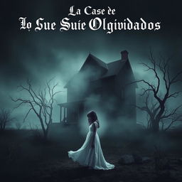 A hauntingly beautiful scene featuring a mysterious old house enveloped in mist and shadows, set in a desolate landscape
