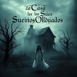 A hauntingly beautiful scene featuring a mysterious old house enveloped in mist and shadows, set in a desolate landscape
