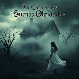 A hauntingly beautiful scene featuring a mysterious old house enveloped in mist and shadows, set in a desolate landscape