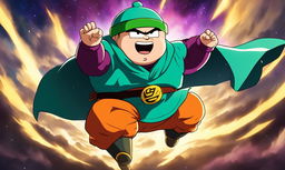 Anime-style portrait of Eric Cartman in Dragonball Super attire, striking a Ginyu Force pose while flying through the sky of Namek with enhanced muscular structure and energy waves radiating from him