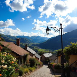 A picturesque street nestled in a lush green valley, lined with quaint houses and blooming flowers
