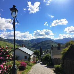 A picturesque street nestled in a lush green valley, lined with quaint houses and blooming flowers