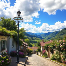 A picturesque street nestled in a lush green valley, lined with quaint houses and blooming flowers