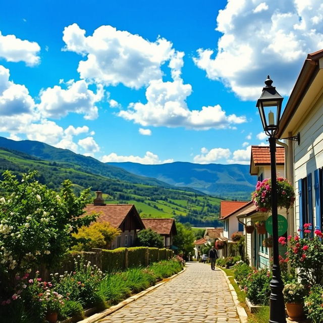 A picturesque street nestled in a lush green valley, lined with quaint houses and blooming flowers