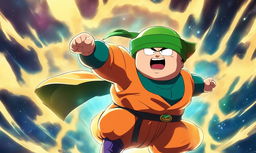 Anime-style portrait of Eric Cartman in Dragonball Super attire, striking a Ginyu Force pose while flying through the sky of Namek with enhanced muscular structure and energy waves radiating from him