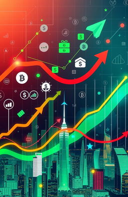 An abstract representation of economics, illustrating concepts like supply and demand, currency flow, and market forces
