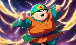 Anime-style portrait of Eric Cartman in Dragonball Super attire, striking a Ginyu Force pose while flying through the sky of Namek with enhanced muscular structure and energy waves radiating from him