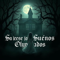 A hauntingly beautiful scene featuring an eerie old house surrounded by dark, twisted trees, casting long shadows under a full moon