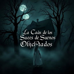 A hauntingly beautiful scene featuring an eerie old house surrounded by dark, twisted trees, casting long shadows under a full moon