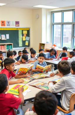 A vibrant educational environment showcasing a diverse group of students engaged in a multilevel reading session