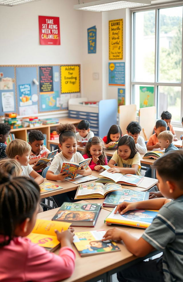 A vibrant educational environment showcasing a diverse group of students engaged in a multilevel reading session