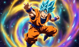 Juice WRLD portrayed as a Super Saiyan in Dragonball Super style, complete with glowing blue hair and energy aura, wearing Saiyan armor over his usual attire against an energetic vortex background