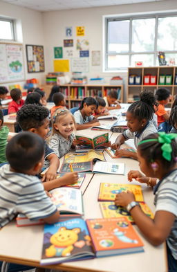 A vibrant educational environment showcasing a diverse group of students engaged in a multilevel reading session