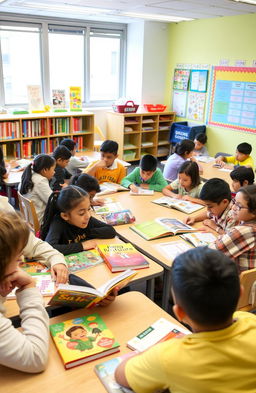 A vibrant educational environment showcasing a diverse group of students engaged in a multilevel reading session
