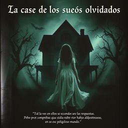 A haunting scene featuring a dark, eerie house surrounded by an unsettling atmosphere, with a girl in a flowing white dress, facing away to obscure her face