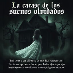 A haunting scene featuring a dark, eerie house surrounded by an unsettling atmosphere, with a girl in a flowing white dress, facing away to obscure her face