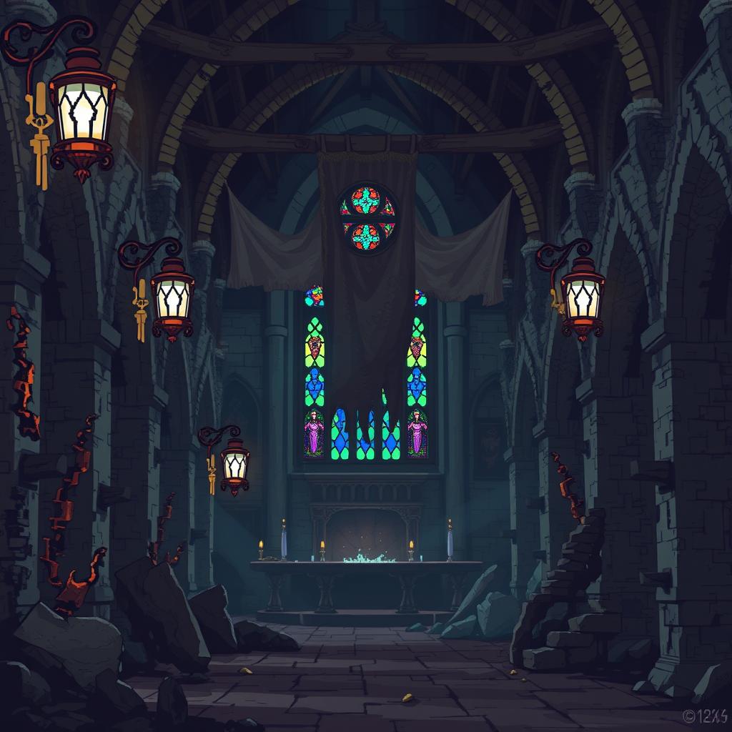 Create a detailed pixel art scene inspired by a medieval ruined cathedral interior, sized at 1280 x 320 pixels