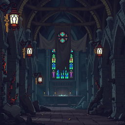 Create a detailed pixel art scene inspired by a medieval ruined cathedral interior, sized at 1280 x 320 pixels