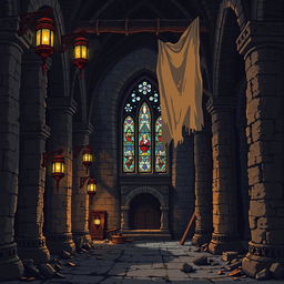 Create a detailed pixel art scene inspired by a medieval ruined cathedral interior, sized at 1280 x 320 pixels